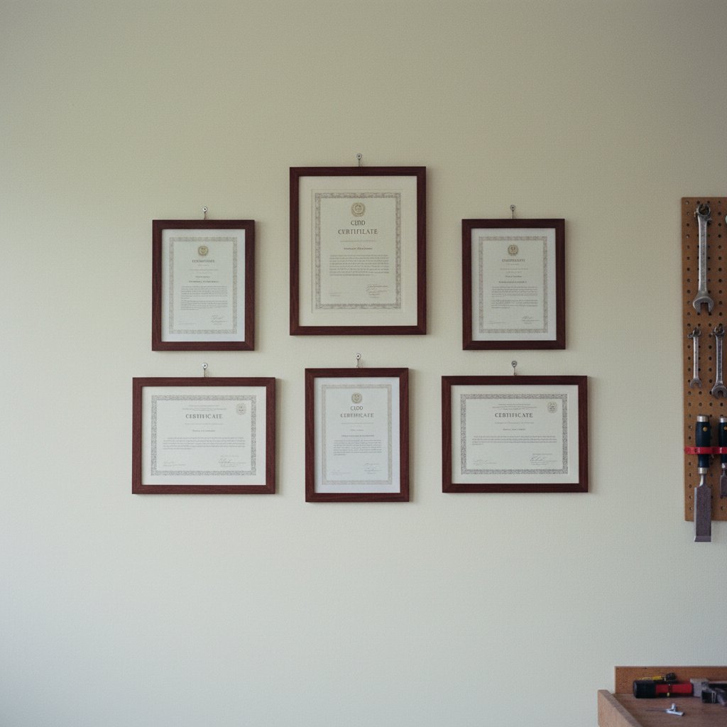 A vocational trainer's curated wall of framed CPD certificates, hung in a loose gallery grid against a cream painted workshop wall, with a corner of the pegboard and workbench visible at the edge — formal, considered, professionally displayed credentials