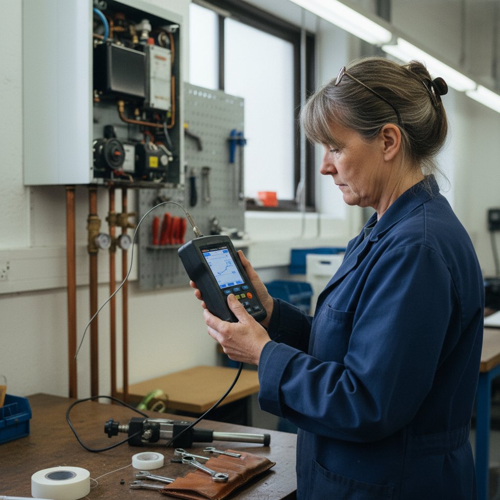 A gas heating training instructor in her late fifties examining a handheld combustion analyzer in front of a wall-mounted training boiler with the front panel removed showing the burner assembly