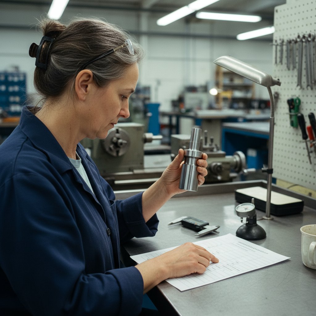 A precision engineering instructor in her late fifties examines a turned-steel stepped shaft against a printed competency rubric on her workshop bench, with a vernier caliper and dial test indicator beside her and a lathe visible behind