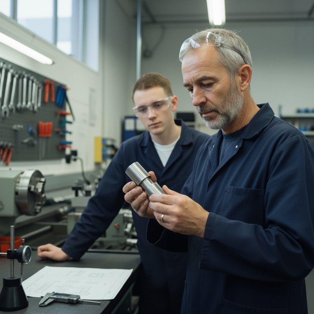 A precision engineering trainer in his fifties examines a turned-steel stepped shaft with his apprentice in a CNC training workshop, with a lathe and pegboard of hand tools visible behind them