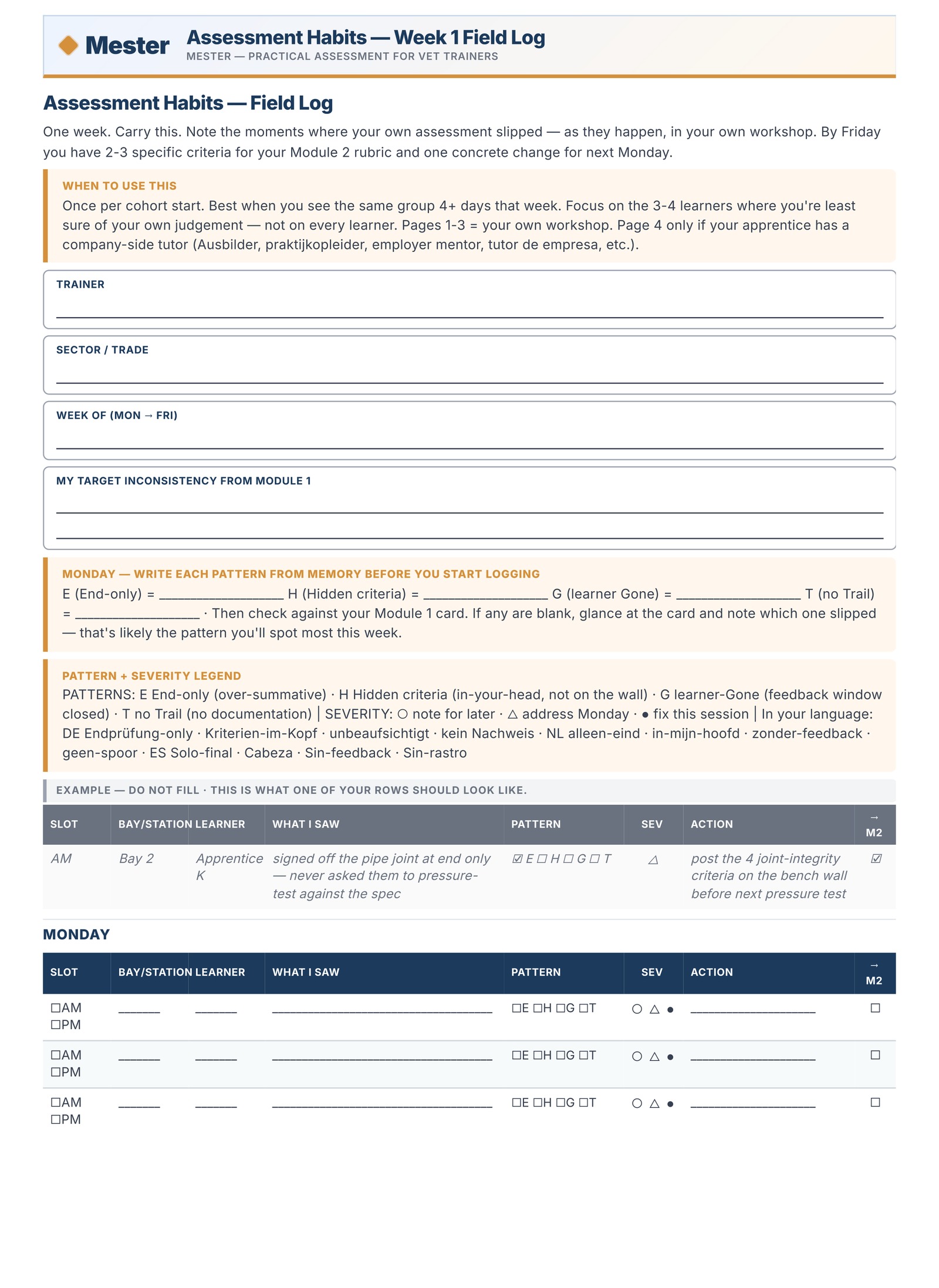 First page of the Module 1 Field Log worksheet — Mester branding header, the E/H/G/T pattern mnemonic, fields for Trainer / Sector / Trade / Week-of and the target inconsistency, and the start of the Monday day-table with an example row showing pattern E, severity triangle and a next-Monday action